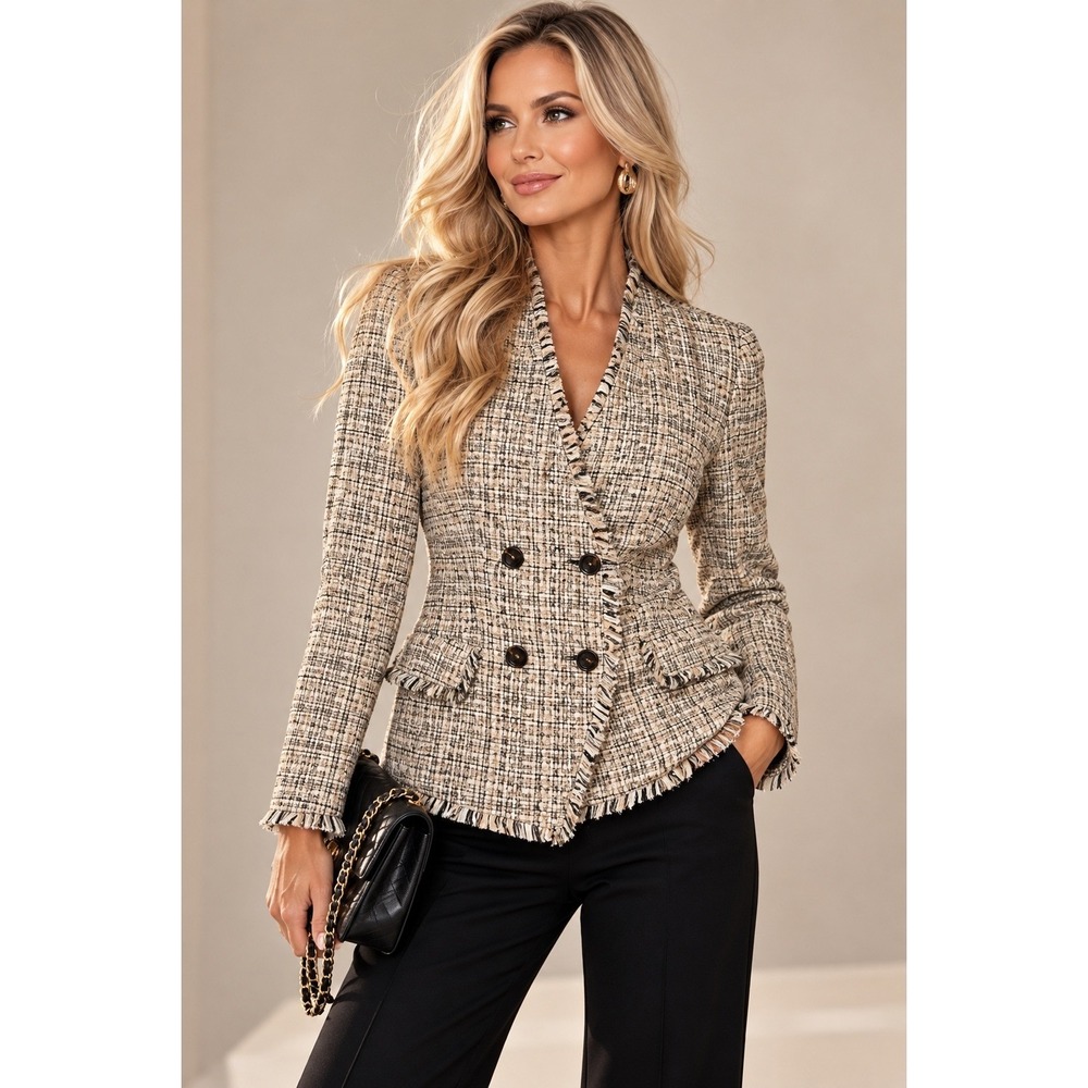 Ann Taylor Women's Size 12 Tweed Blazer Double Breasted Fringe Trim Classic Chic